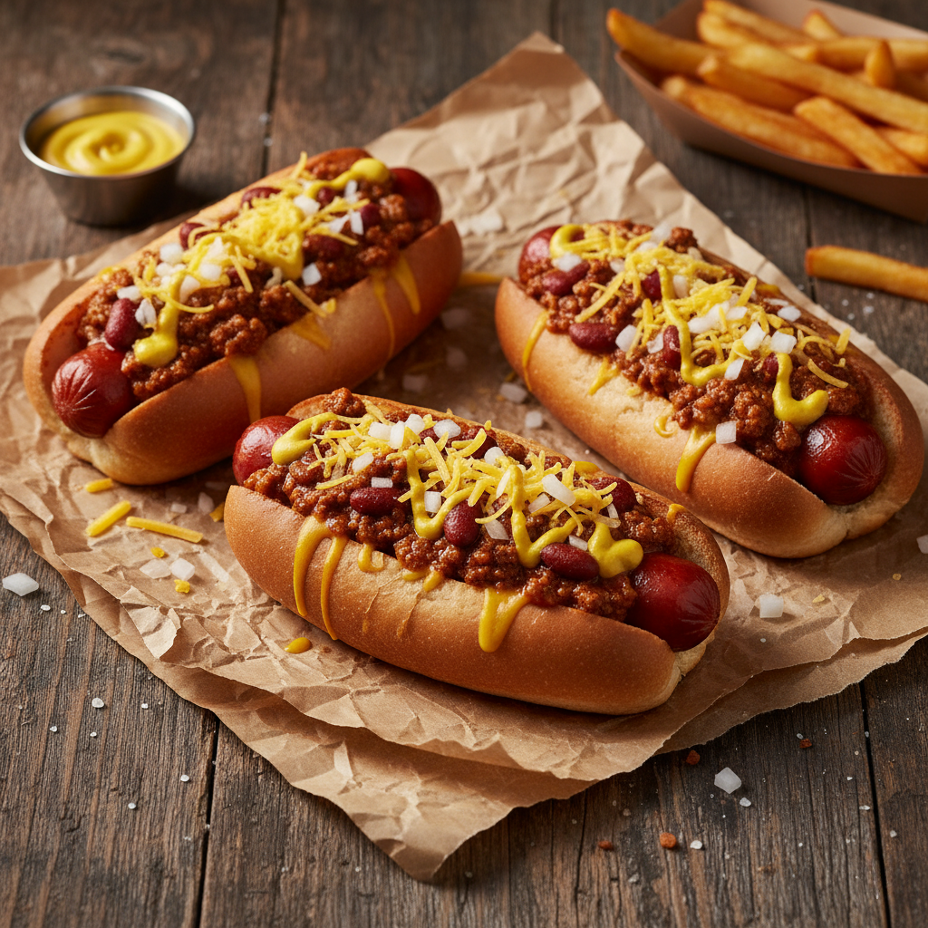 Three chili dogs topped with shredded cheese on brown paper, with fries and mustard on a wooden table