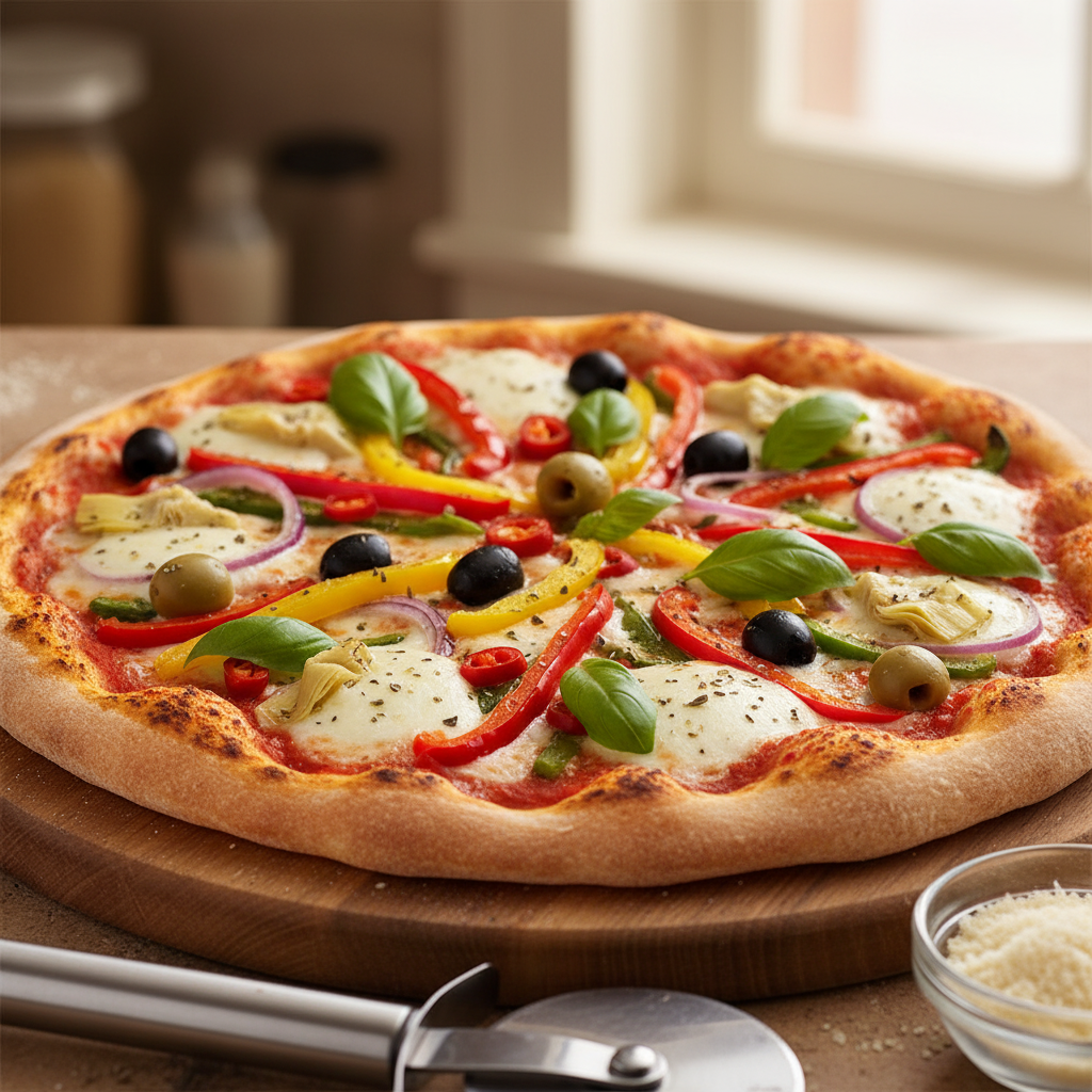 Fresh vegetable pizza on a wooden board with olives, peppers, basil, and a pizza cutter nearby
