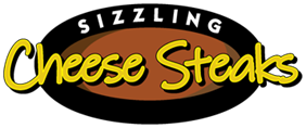 Sizzling Cheese Steaks logo with yellow script on a black oval background