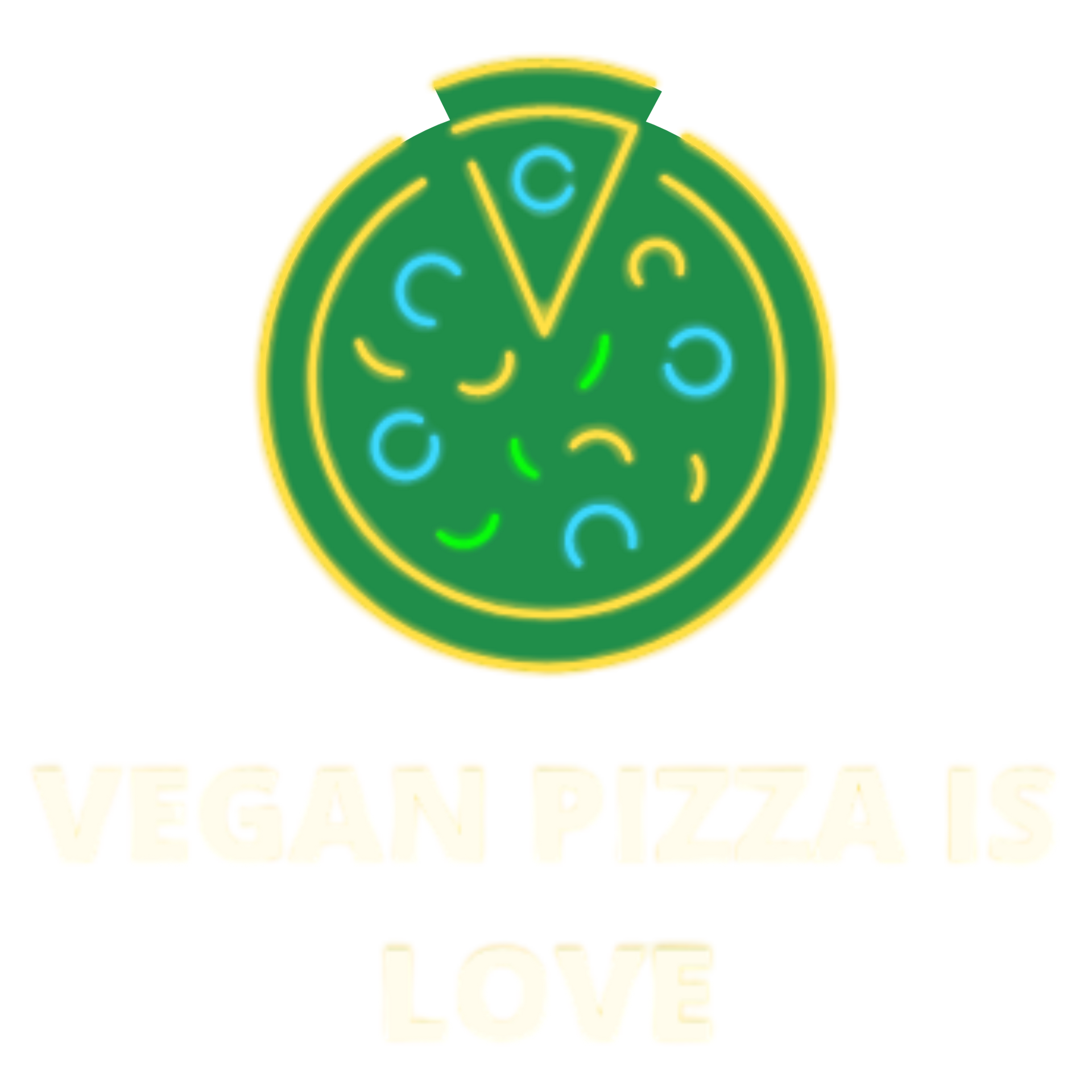 Green vegan pizza logo with yellow outline and text “VEGAN PIZZA IS LOVE”