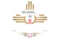 Stylized white and gold emblem with central abstract figure and pink rose accent