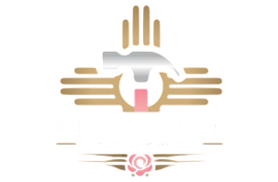 Stylized white and gold emblem with central abstract figure and pink rose accent