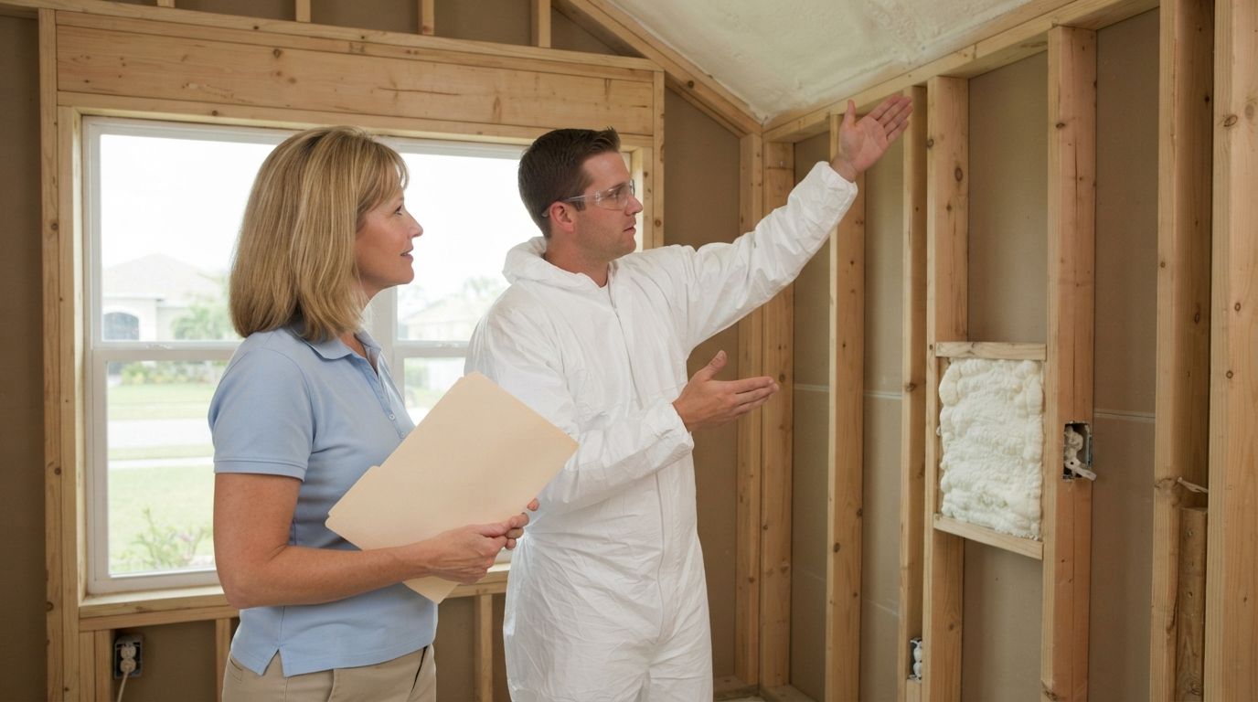 Spray foam technician communicating with a Port Saint Lucie homeowner
