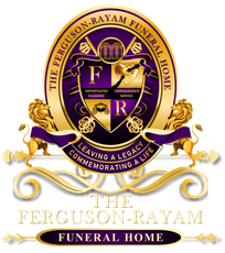 A gold and purple circular crest logo for The Ferguson-Rayam Funeral Home, featuring lions, an emblem, and text.