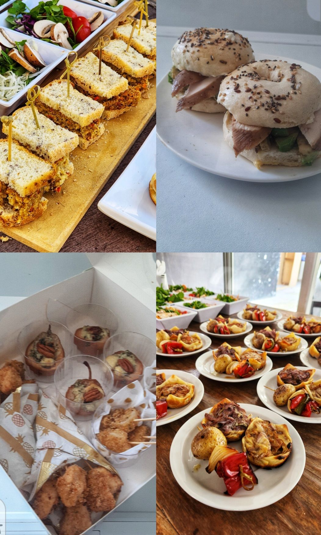 Surtido de aperitivos: sándwiches, bagels, mini quiches y frituras en platos y en caja.