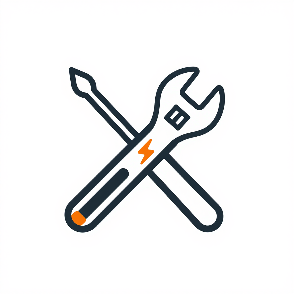 Crossed wrench and screwdriver icon with orange accents on a white background
