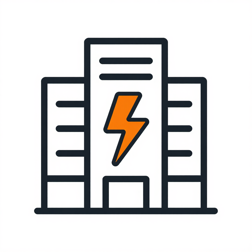 Icon of a building with an orange lightning bolt in the center