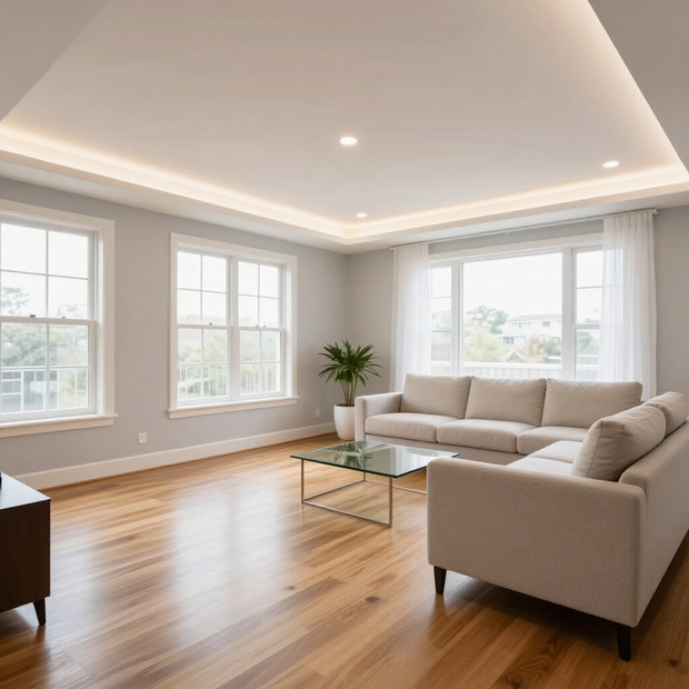 Modern residential living space illuminated by newly installed ceiling lights.