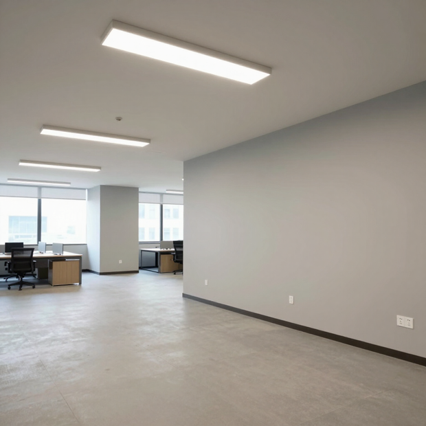 Well-lit commercial office space featuring modern overhead illumination.
