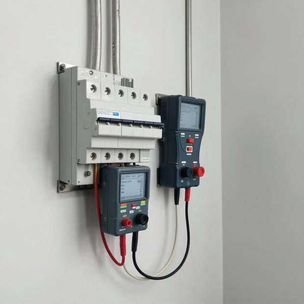 Electrical testing equipment prepared for safety inspection beside a circuit breaker.