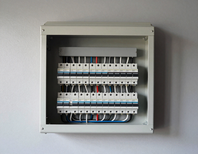 Upgraded electrical circuit breaker panel with clean wiring in a residential home.