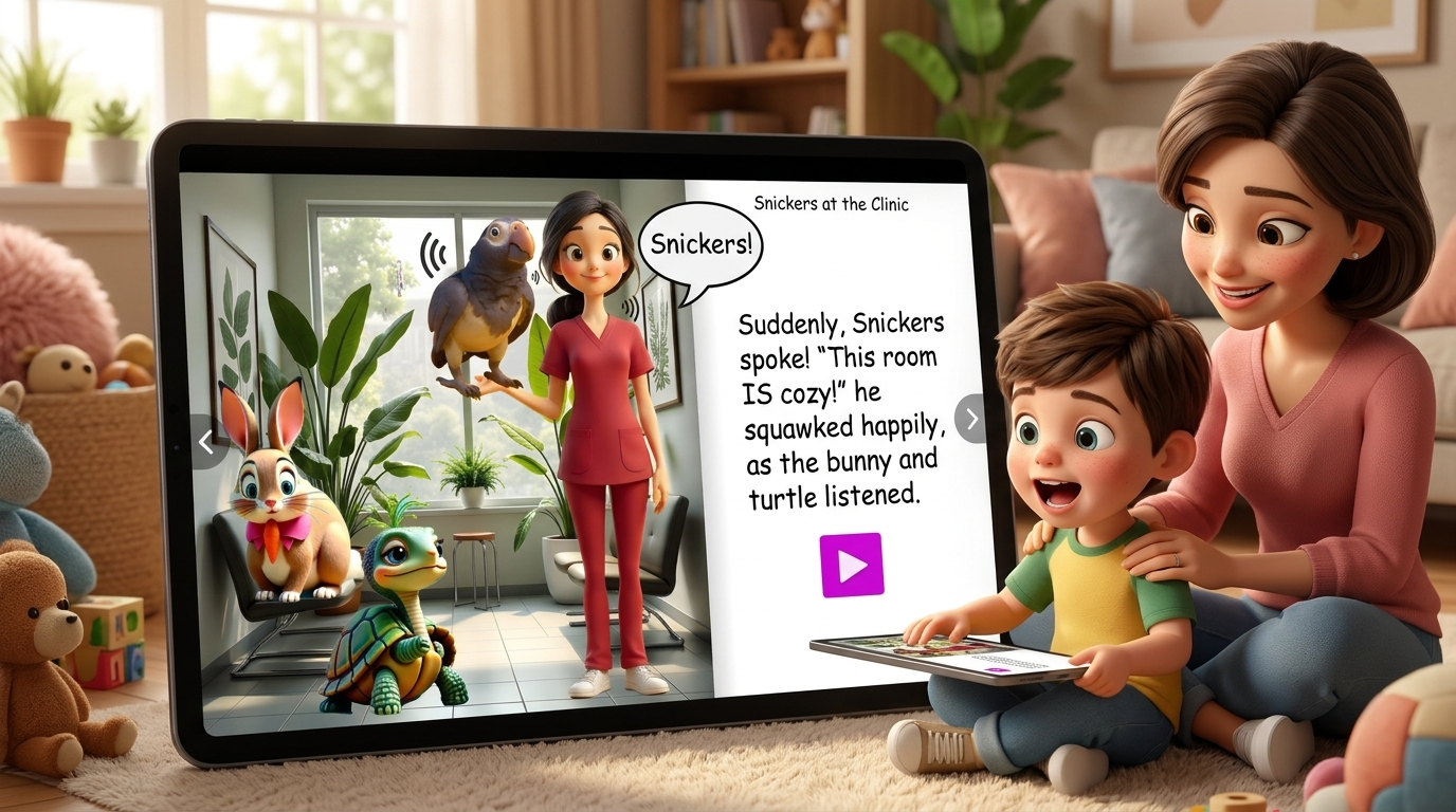 Family on a couch watching a tablet while a large display shows an animated lesson with a teacher and characters