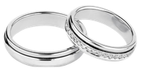 A pair of wedding rings with diamonds on them on a white background