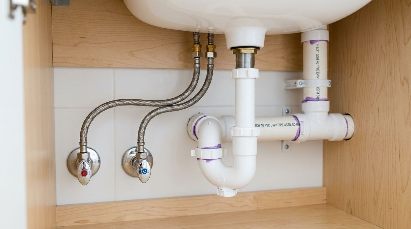 Under-sink plumbing with two braided water supply lines and white PVC drain pipes in a wooden cabinet