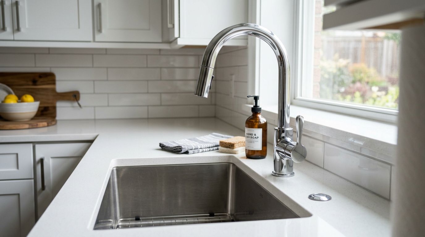 Modern kitchen sink with chrome faucet, white countertops, and a soap bottle by the window.