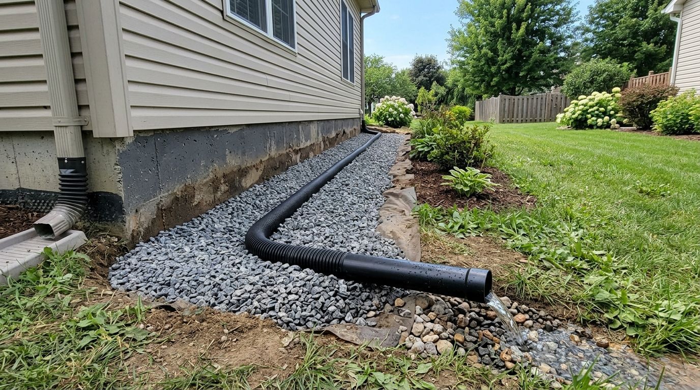 Black drainage pipe runs along gravel beside a house foundation in a grassy yard.