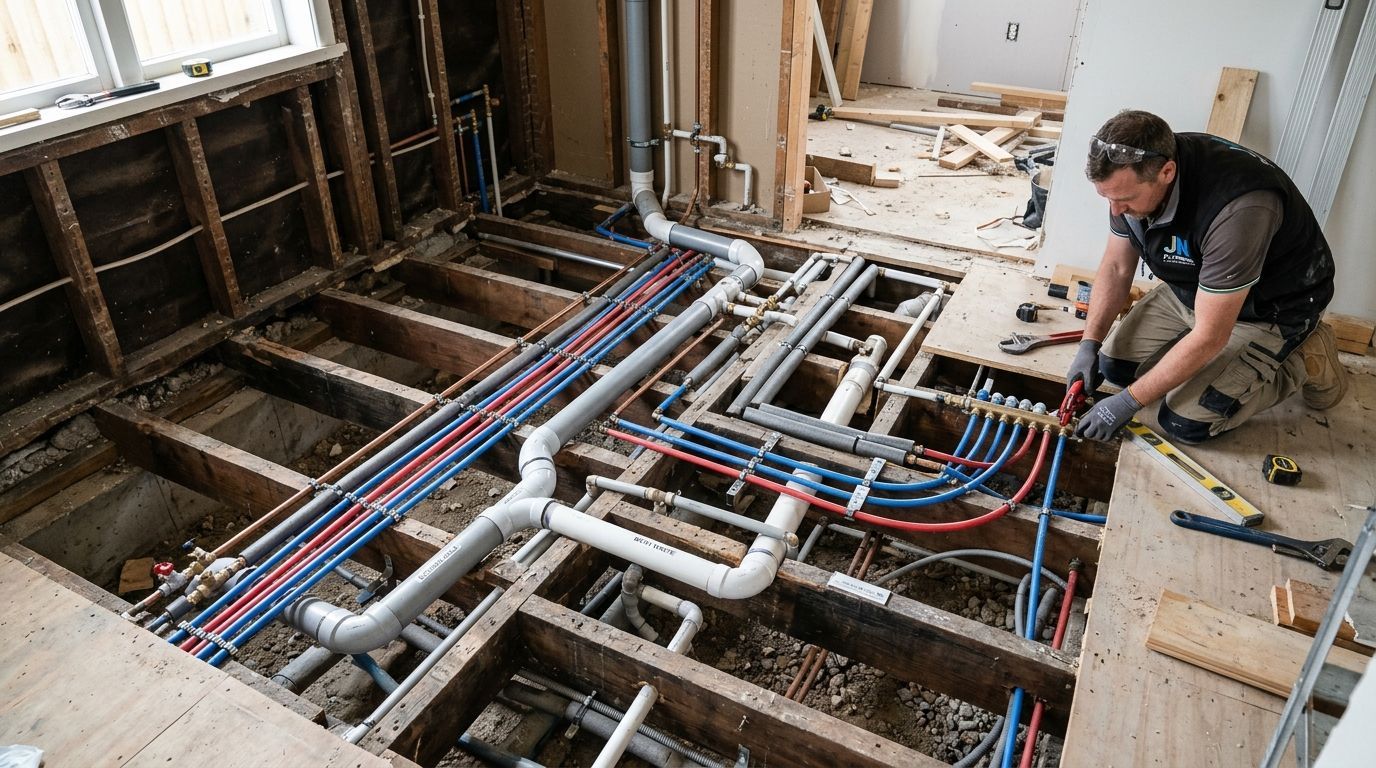 Plumber installing red and blue PEX pipes under a house floor, kneeling beside exposed framing and ductwork