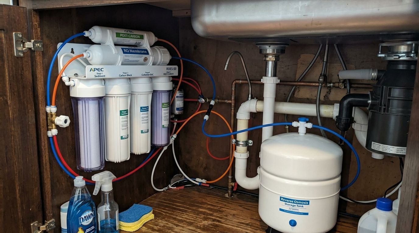 Under-sink water filtration system with white filters, blue tubing, and a storage tank in a cabinet
