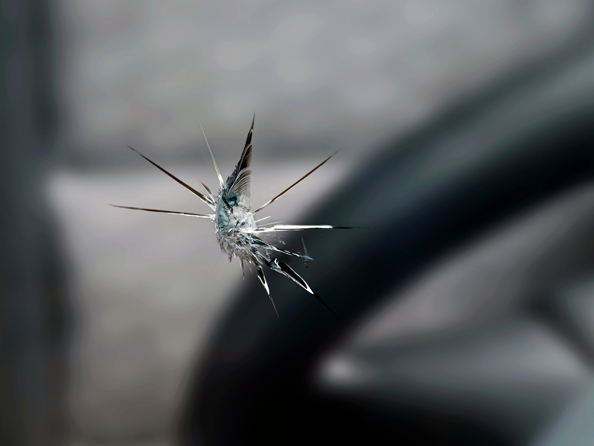 Close-up of a spider on cracked glass with a blurred gray background