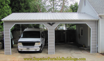 White van parked in a two-bay metal carport attached to a house