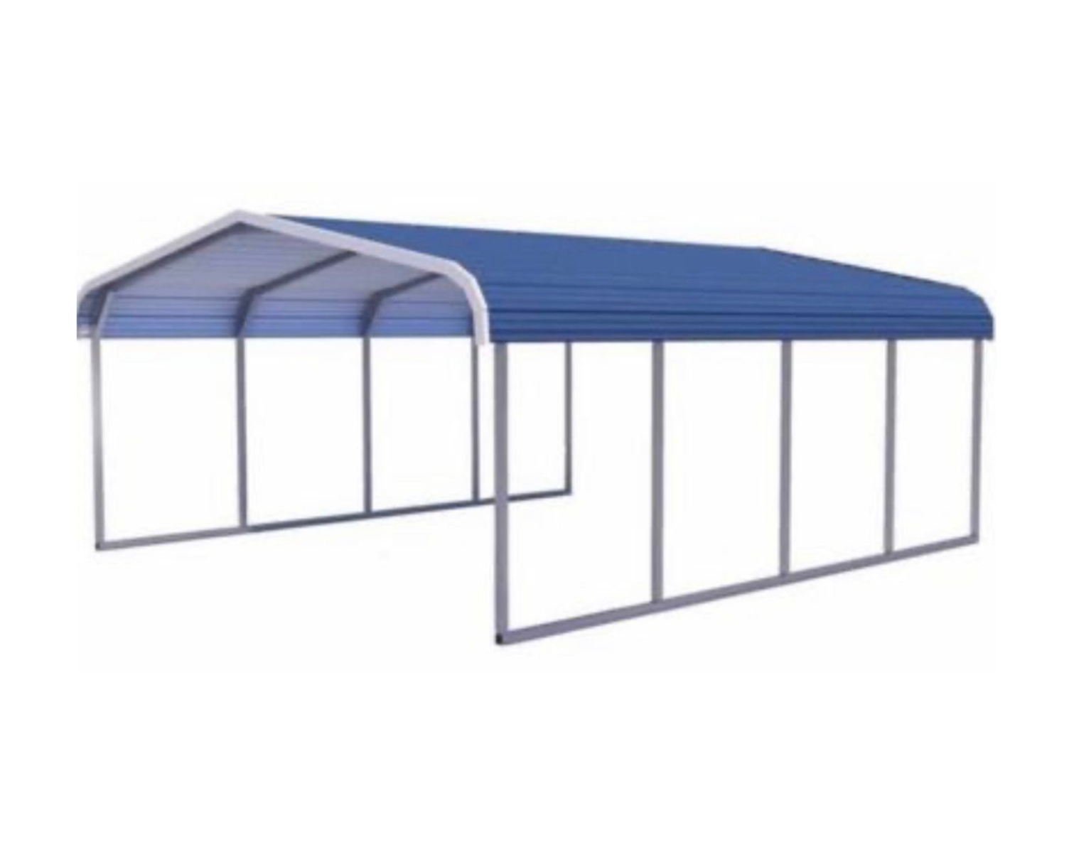 Blue-roofed metal carport canopy with open sides and gray support frame on white background