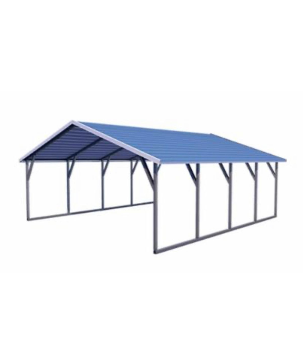 Blue metal carport with pitched roof and open sides, shown on a white background