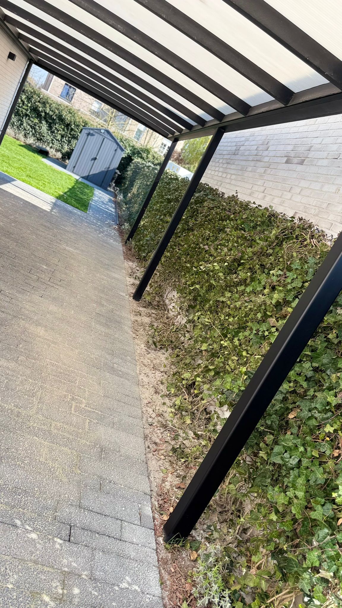 Een overdekte loopbrug met zwarte metalen pilaren naast een dichte groene heg en een grindpad dat naar een gazon en een tuinschuur leidt.