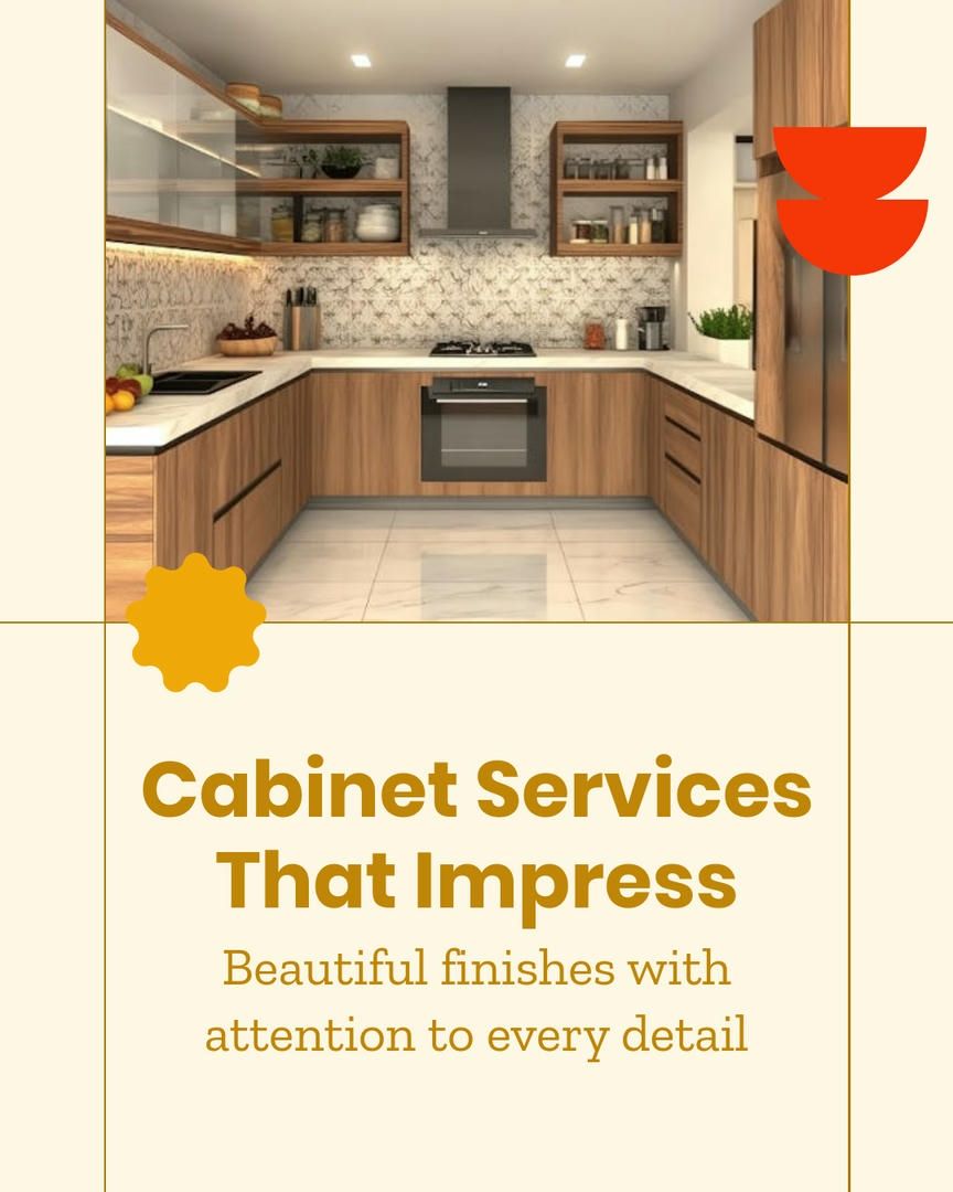 Modern kitchen with wooden cabinets, advertising cabinet services.