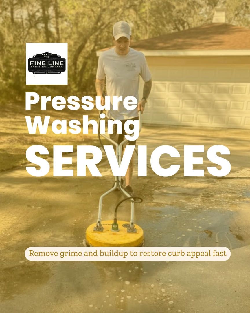 Man pressure washing concrete. Text: 