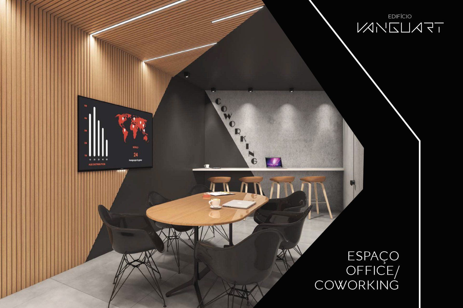 Uma sala de conferências com mesa e cadeiras e uma TV na parede.