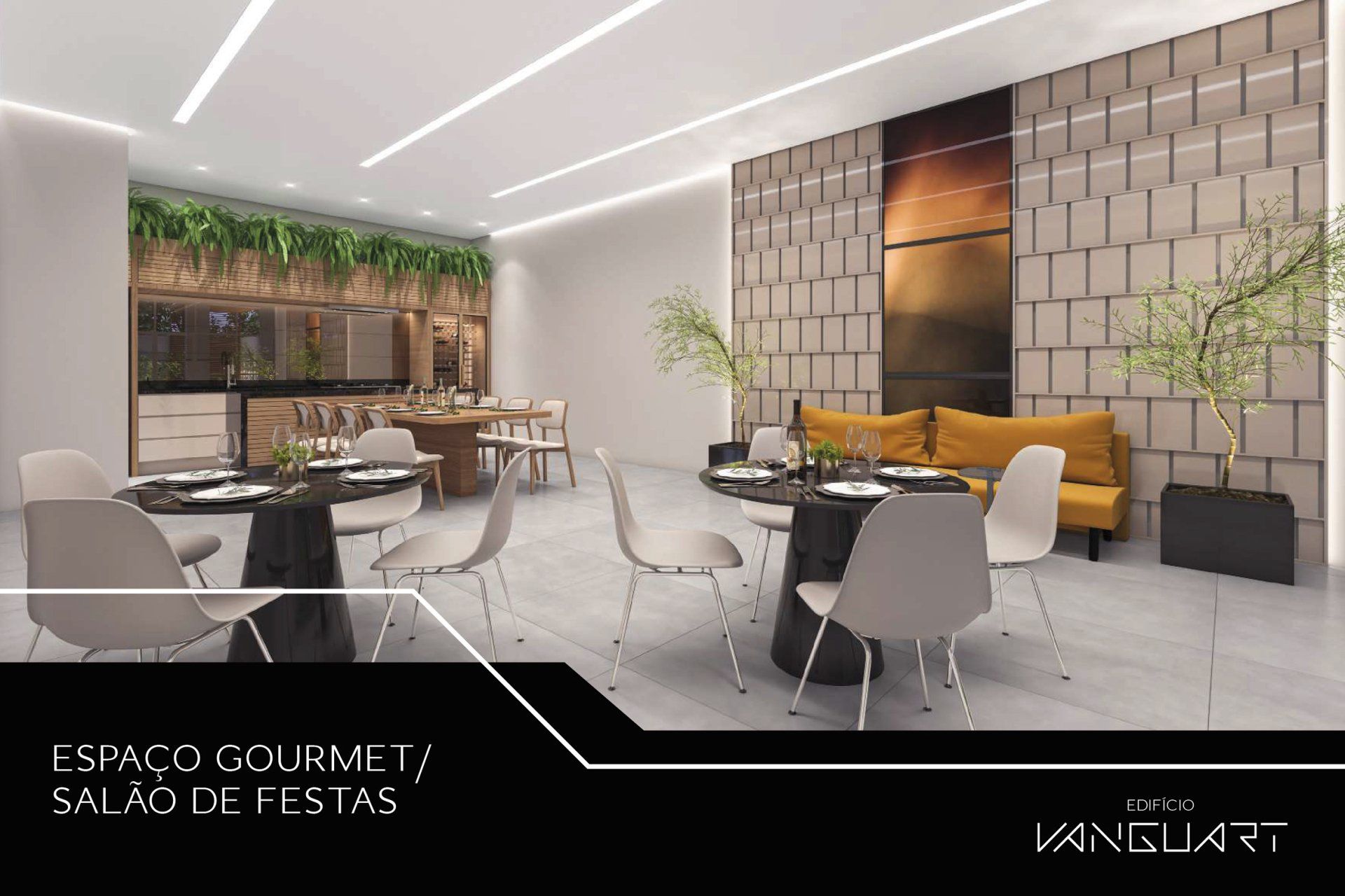 Impressão artística de uma sala de jantar com mesas e cadeiras