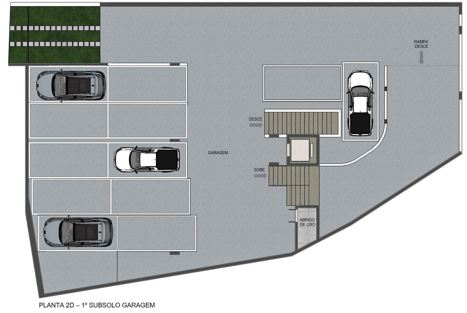 Uma vista aérea de um estacionamento com carros estacionados