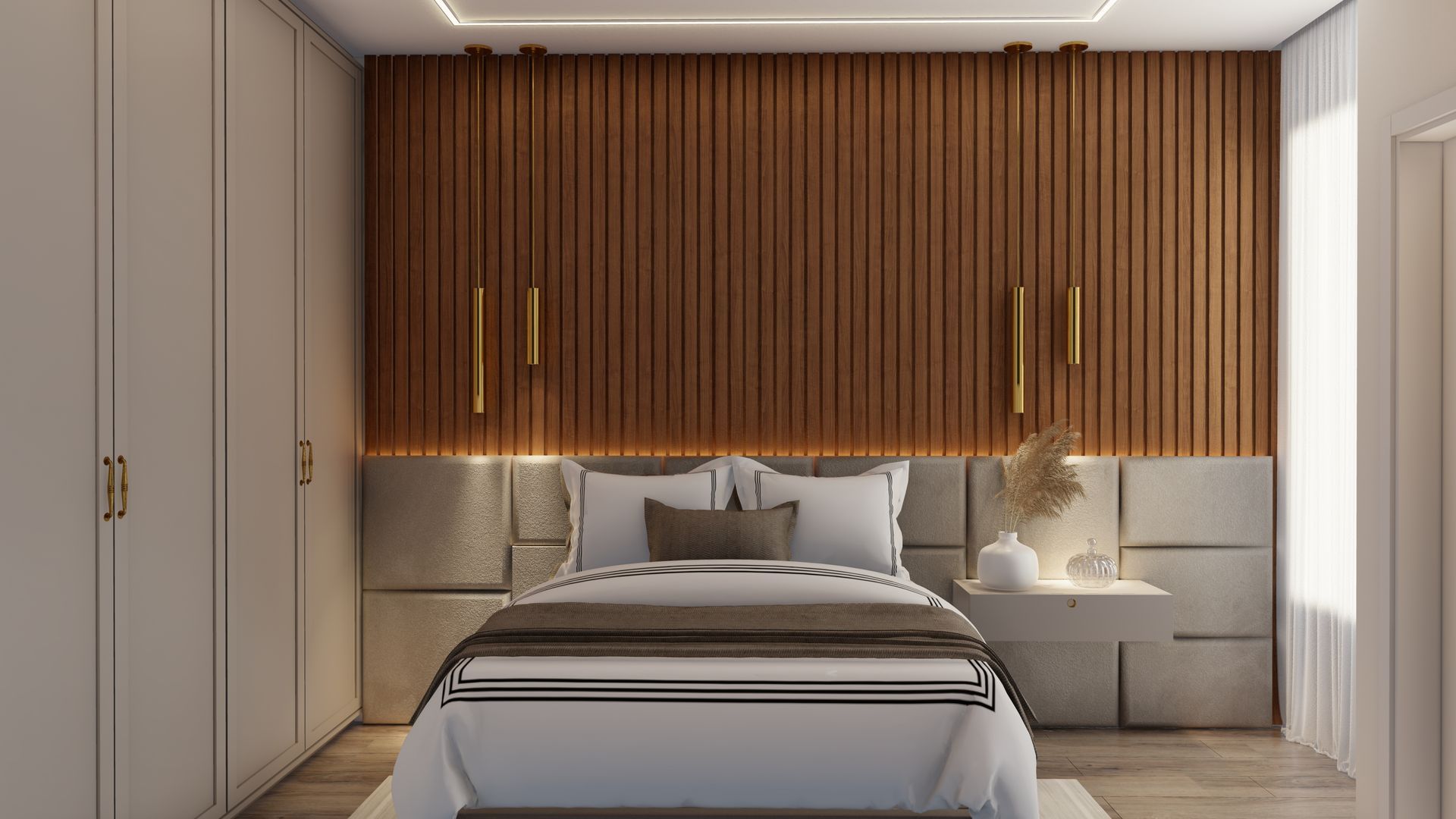Um quarto com cama e parede de madeira.