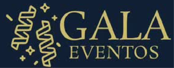 Logotipo para Gala Eventos, texto dorado sobre fondo azul marino, con cintas decorativas y estrellas.