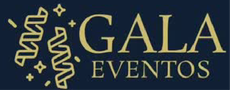 Logotipo para Gala Eventos, texto dorado sobre fondo azul marino, con cintas decorativas y estrellas.