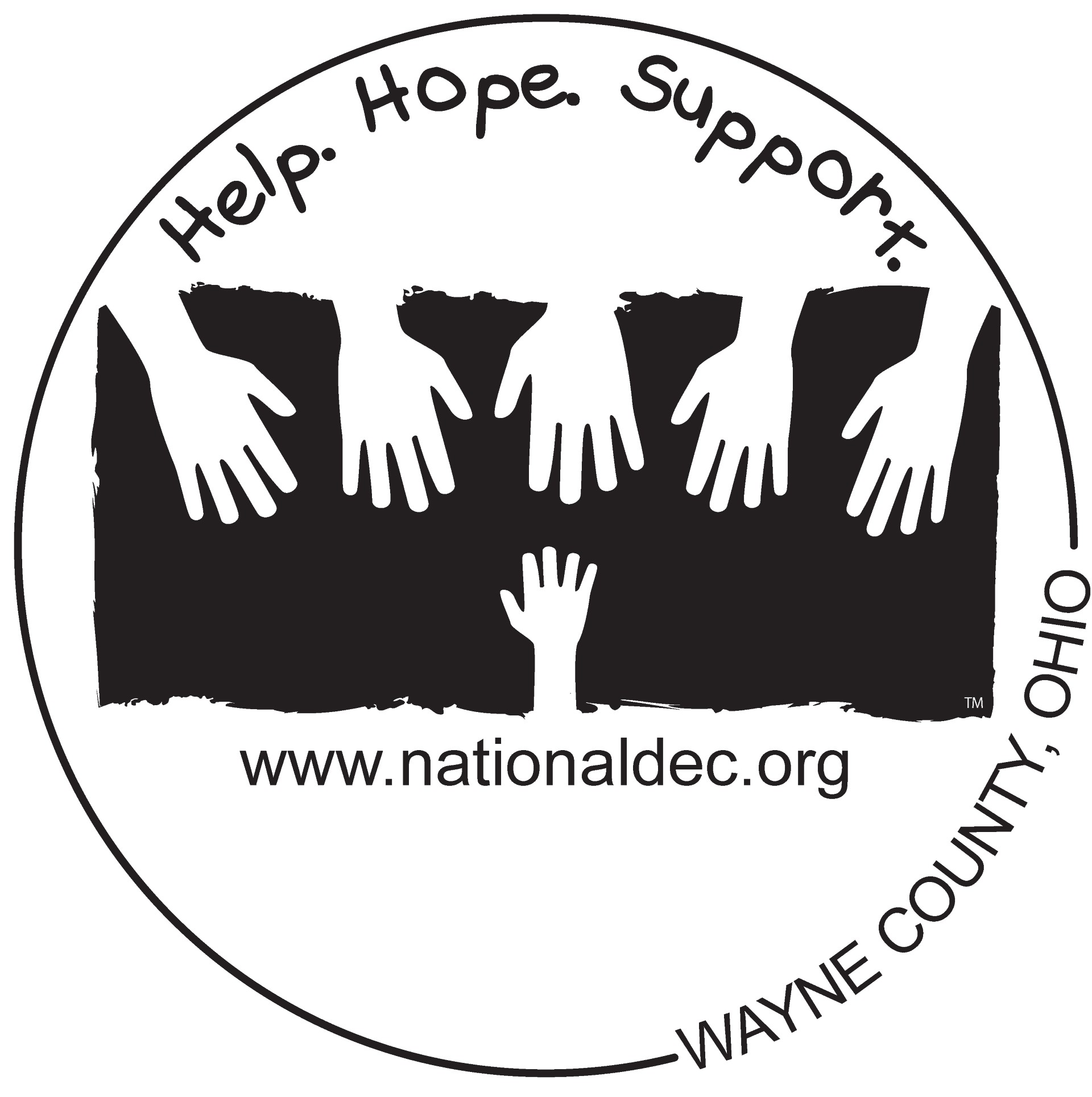 Logo with hands offering support to a reaching hand;