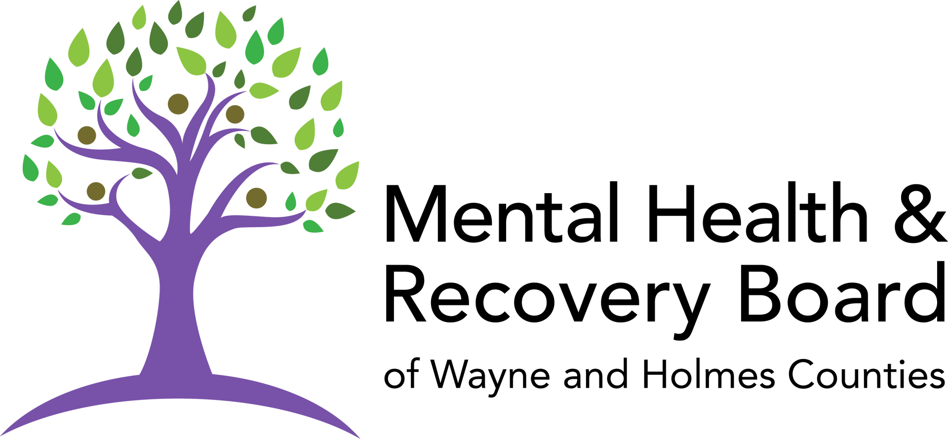 Logo for Mental Health & Recovery Board of Wayne and Holmes Counties: purple tree with leaves, text on white background.