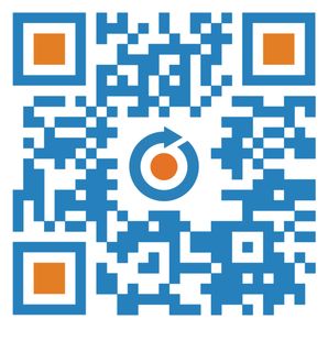 QR code with blue and orange squares and a central logo.