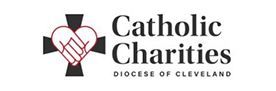 Logo of Catholic Charities Diocese of Cleveland: heart-shaped hands within a cross, with text.