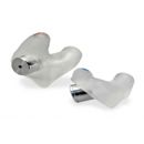 A pair of clear ear plugs on a white background.