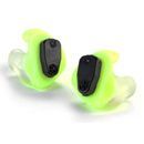 A pair of yellow ear plugs on a white background.