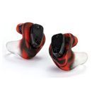 A pair of red and black ear plugs on a white background.