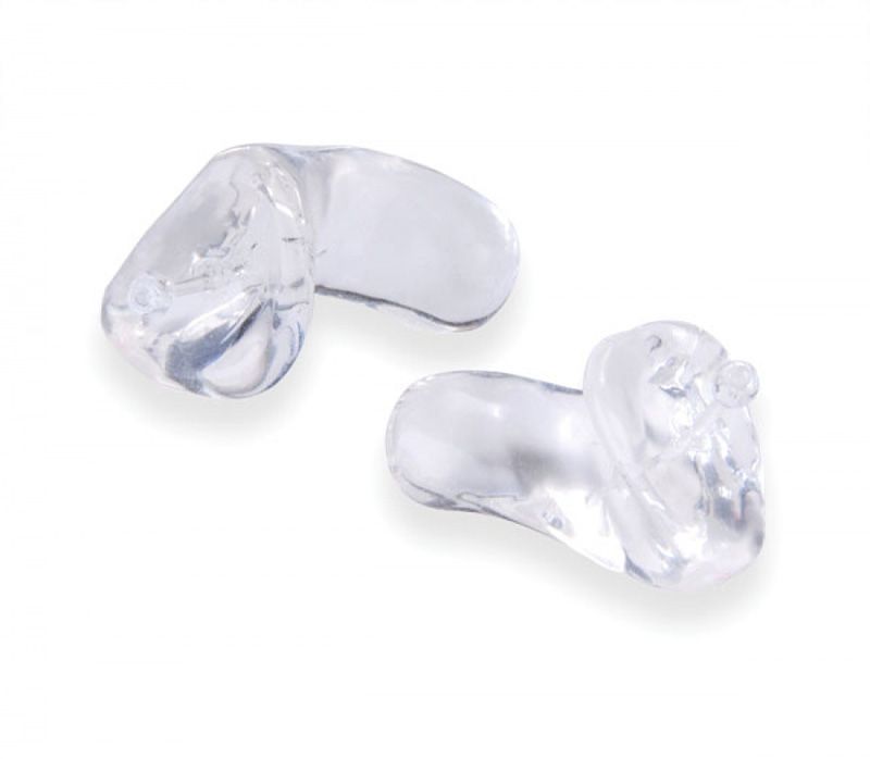 A pair of clear ear plugs on a white background.