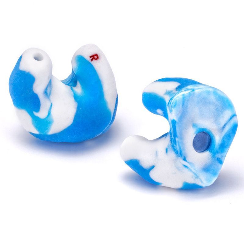 A pair of blue and white ear plugs on a white surface