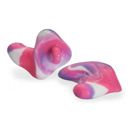 A pair of pink and purple ear plugs on a white background.