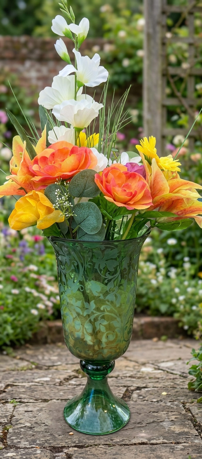 Colorful flower arrangement in a green glass vase with orange, yellow, and white blooms outdoors