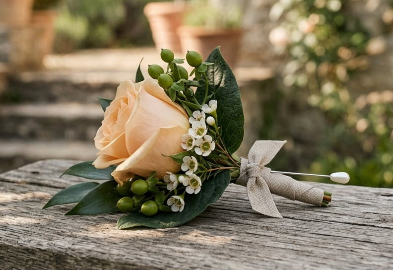 Peach rose boutonniere with white berries and green leaves on weathered wood outdoors