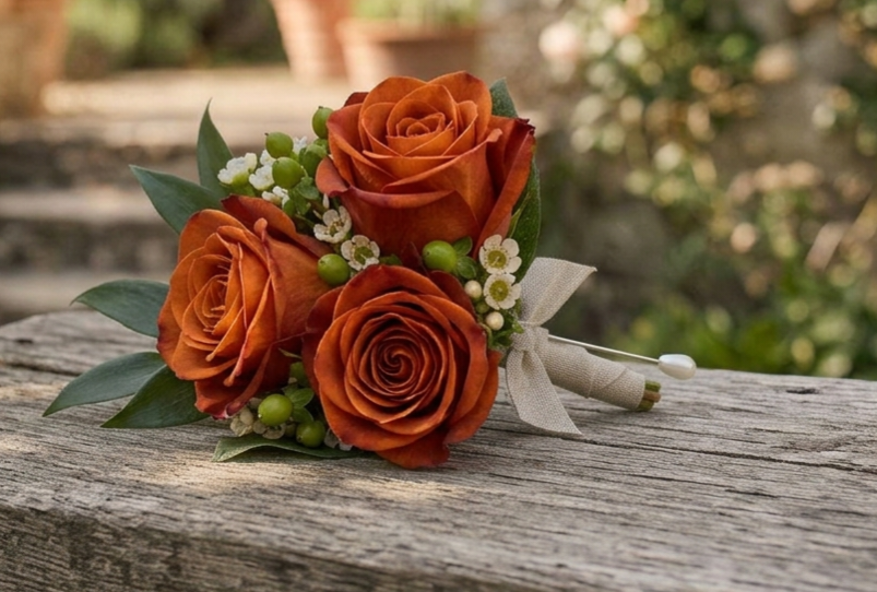 Orange roses with white baby's breath resting on a rustic wooden surface