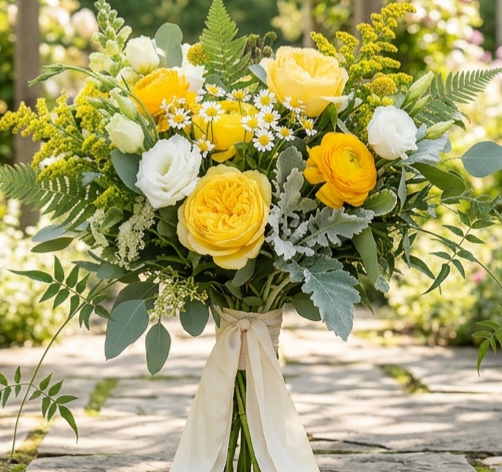 Yellow and white rose bouquet with greenery and cream ribbon on a wooden bench outdoors