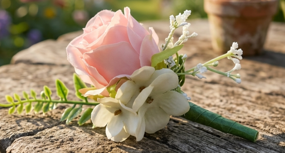 Pink and white flowers arranged on a stone surface outdoors, with a blurred pot in the background